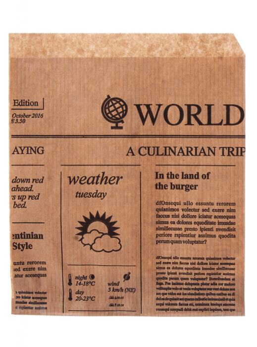 Burger-Tasche "Newspaper" braun fettdichtes Papier 2-seitig offen 15,0x16,0cm