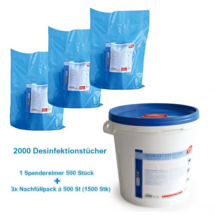 Sparangebot! Hochkonzentr. Desinfektionstücher im Spender Eimer + 3 Nachfüllpacks